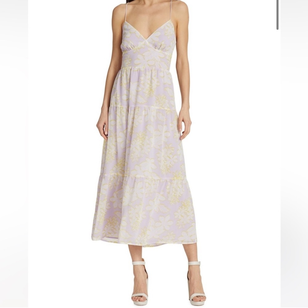WAYF Kacey Lavender Floral Summer Tiered Strappy V neck Midi dress size M